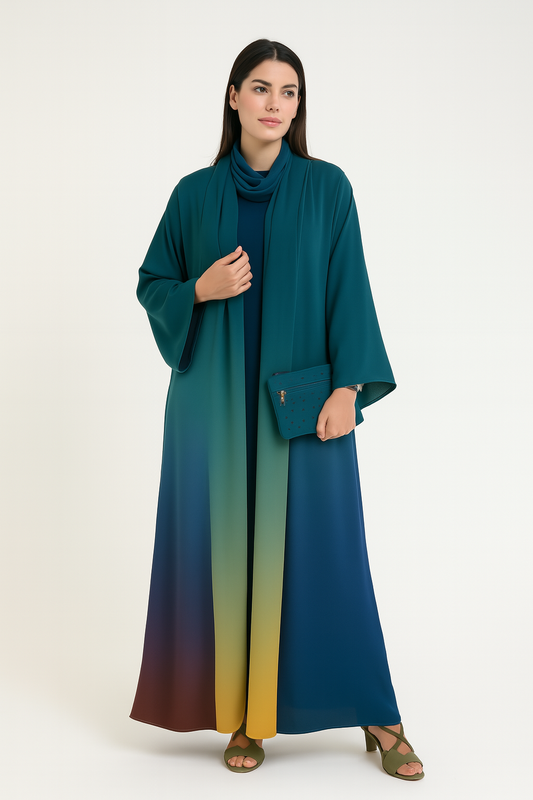 3-Piece Abaya Set in Teal Sunset Ombre - Peacock