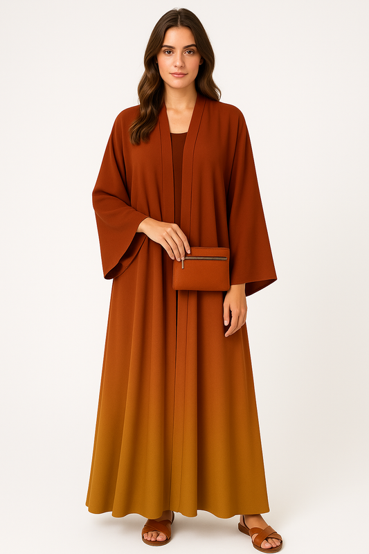 3-Piece Abaya Set in Autumn Sunset Ombre – Saffron Clay